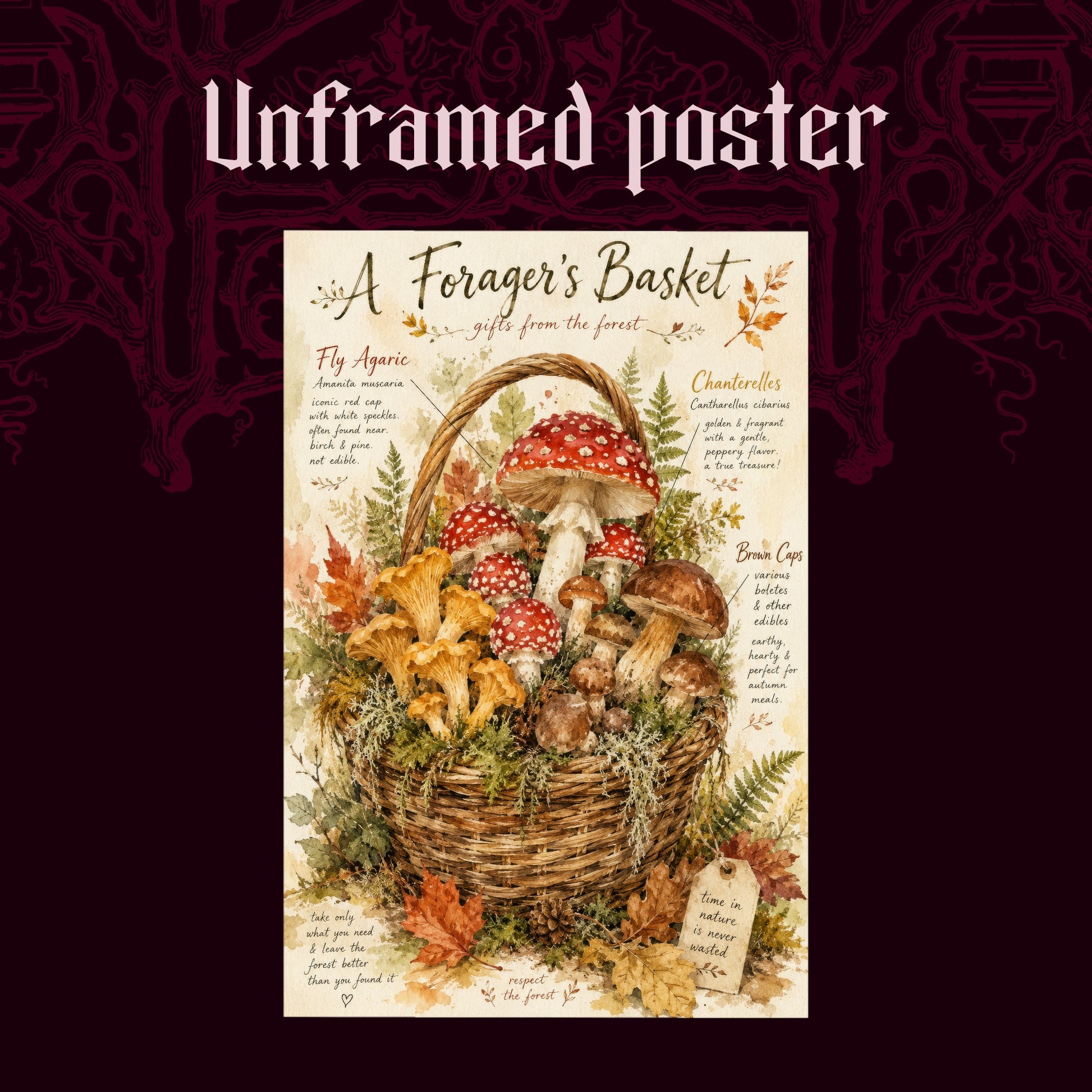 A Forager's Basket shown as an unframed portrait poster print of the labeled mushroom basket on a dark red patterned background, labeled Unframed Poster to show the print-only option.