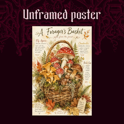 A Forager's Basket shown as an unframed portrait poster print of the labeled mushroom basket on a dark red patterned background, labeled Unframed Poster to show the print-only option.