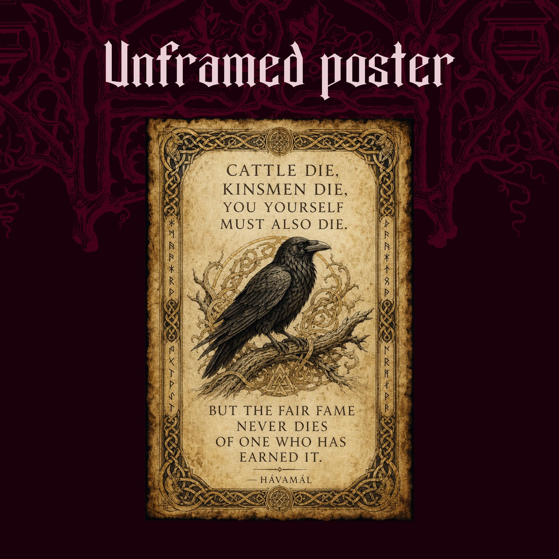 Hávamál shown as an unframed poster print of the illuminated quote page on a dark red patterned background, labelled Unframed Poster to show the print-only option.