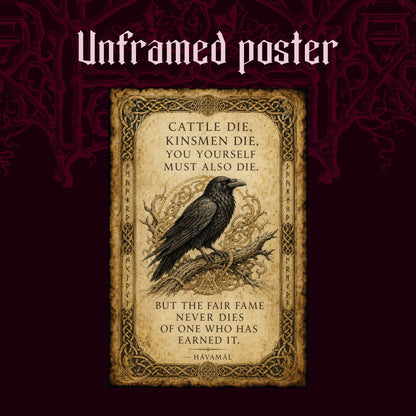 Hávamál shown as an unframed poster print of the illuminated quote page on a dark red patterned background, labelled Unframed Poster to show the print-only option.