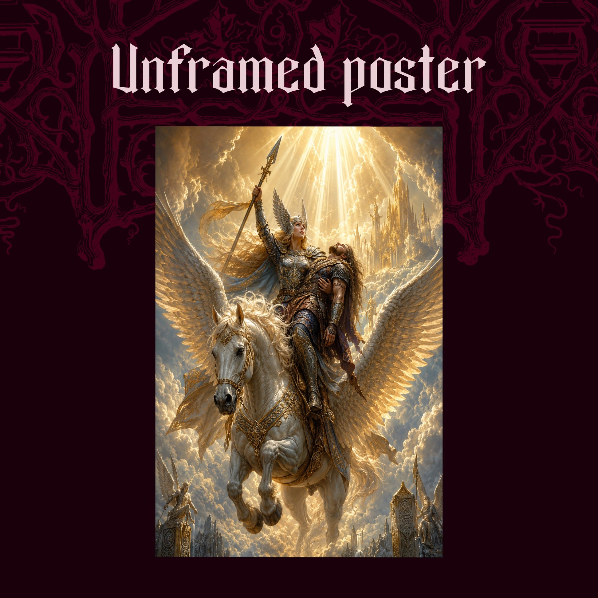 Valkyrie shown as an unframed poster print of the winged horse and rider on a dark red patterned background, labelled Unframed Poster to show the print-only option.