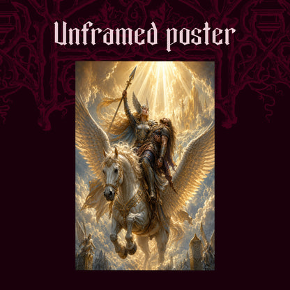 Valkyrie shown as an unframed poster print of the winged horse and rider on a dark red patterned background, labelled Unframed Poster to show the print-only option.