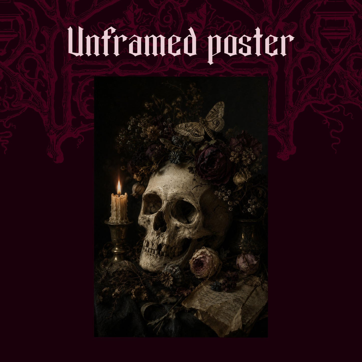 Requiem shown as an unframed poster print of the flower-crowned skull on a dark red patterned background, labelled Unframed Poster to show the print-only option.