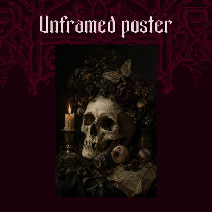 Requiem shown as an unframed poster print of the flower-crowned skull on a dark red patterned background, labelled Unframed Poster to show the print-only option.