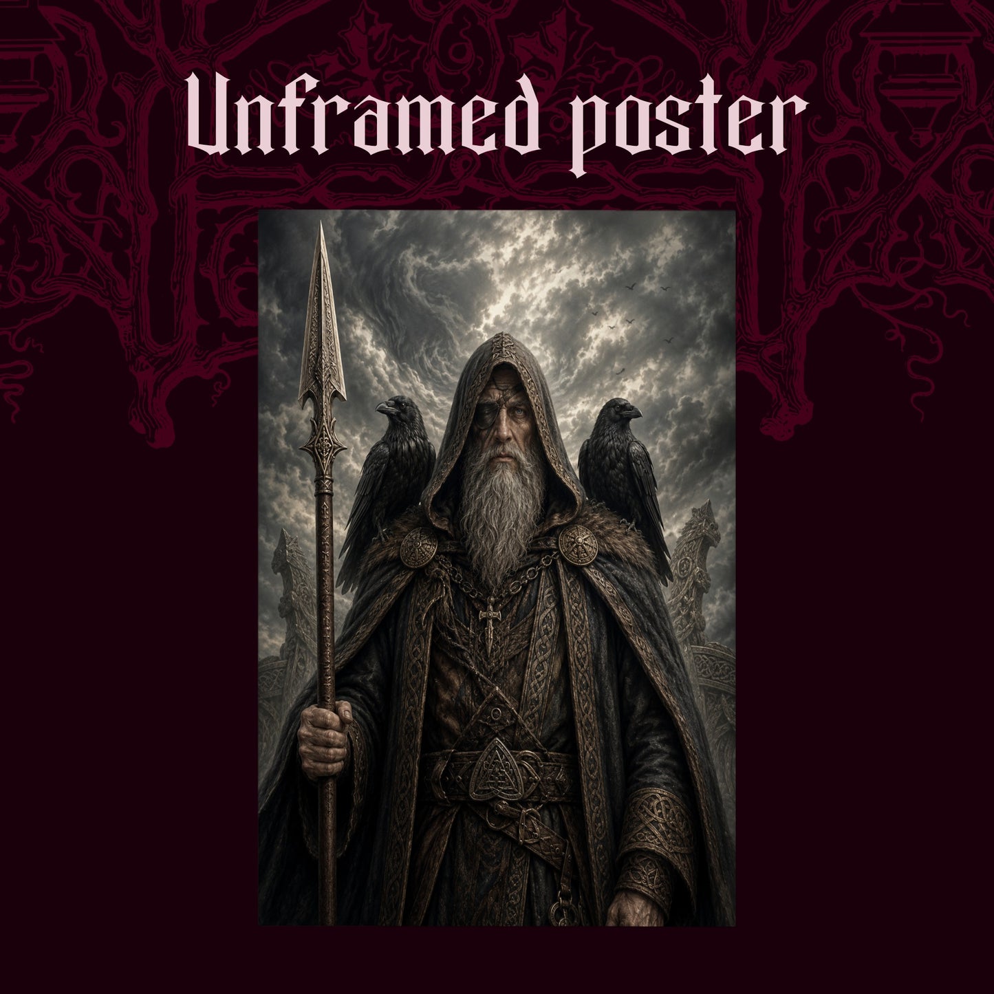 Gungnir shown as an unframed poster print of Odin with his spear and ravens on a dark red patterned background, labelled Unframed Poster to show the print-only option.