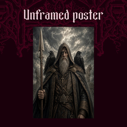 Gungnir shown as an unframed poster print of Odin with his spear and ravens on a dark red patterned background, labelled Unframed Poster to show the print-only option.