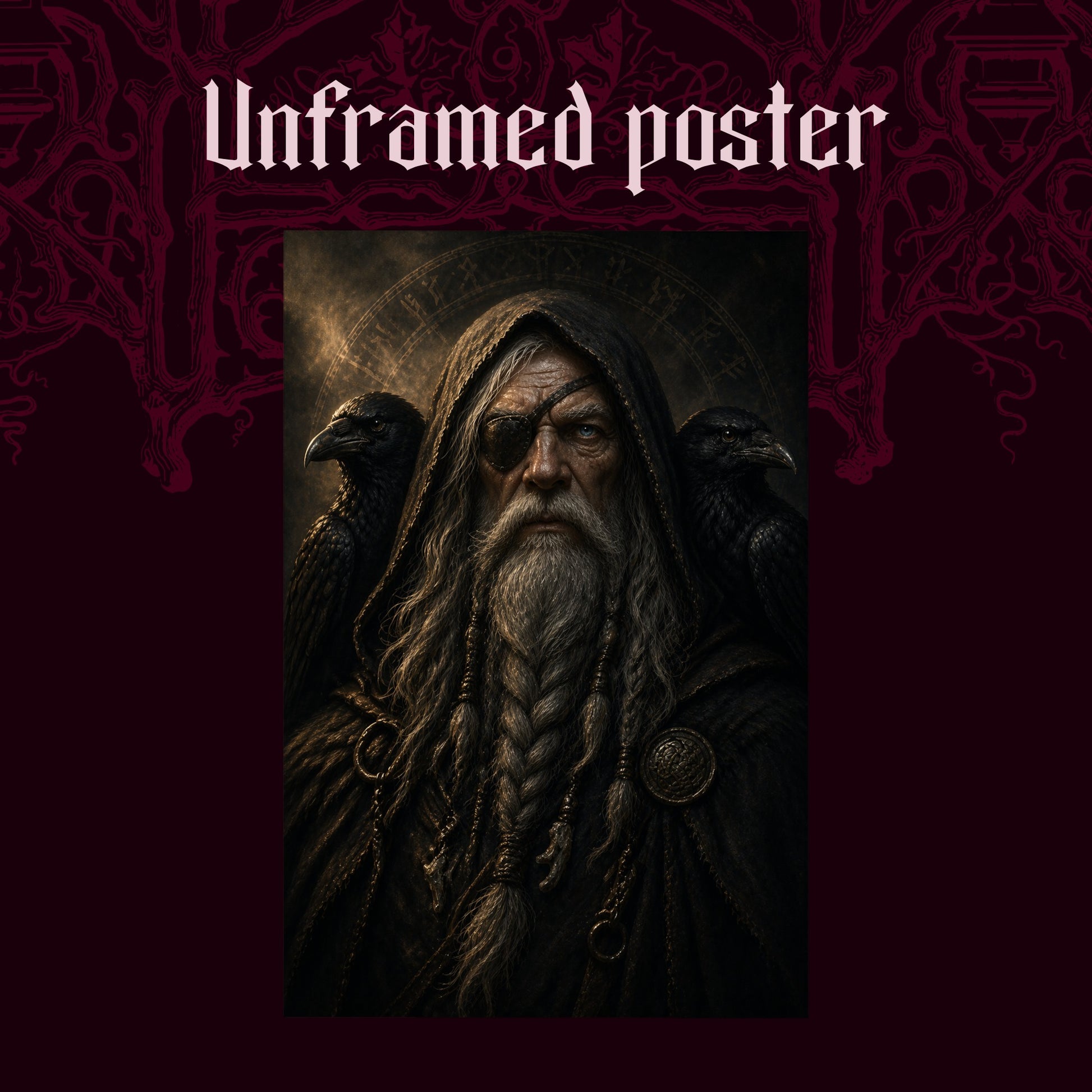 The Allfather shown as an unframed poster print of the Odin portrait on a dark red patterned background, labelled Unframed Poster to show the print-only option.