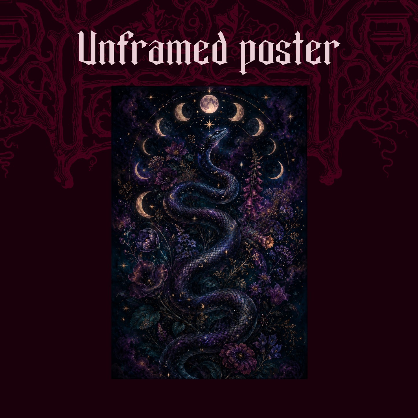 Celestial Serpent shown as an unframed poster print of the star-scaled snake and moon phase arc on a dark red patterned background, labelled Unframed Poster to show the print-only option.