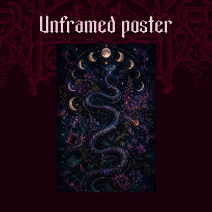 Celestial Serpent shown as an unframed poster print of the star-scaled snake and moon phase arc on a dark red patterned background, labelled Unframed Poster to show the print-only option.