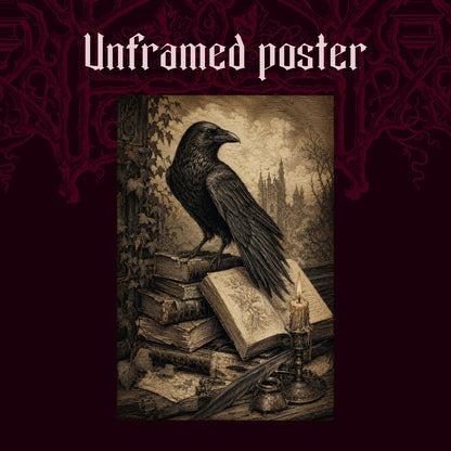 Muninn's Vigil shown as an unframed poster print of the raven, book stack and candlelit scene on a dark red patterned background, labelled Unframed Poster to show the print-only option.
