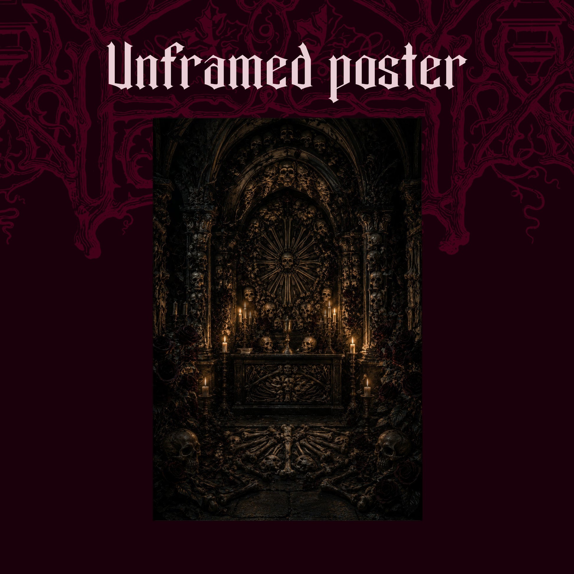 Charnel shown as an unframed poster print of the candlelit bone chapel on a dark red patterned background, labelled Unframed Poster to show the print-only option.