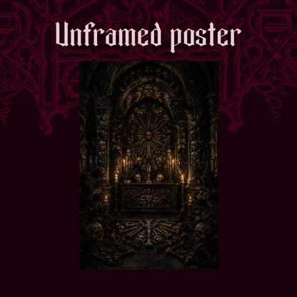 Charnel shown as an unframed poster print of the candlelit bone chapel on a dark red patterned background, labelled Unframed Poster to show the print-only option.