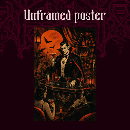 Shaken Not Staked shown as an unframed poster print of the vampire bartender scene on a dark red patterned background, labelled Unframed Poster to show the print-only option.