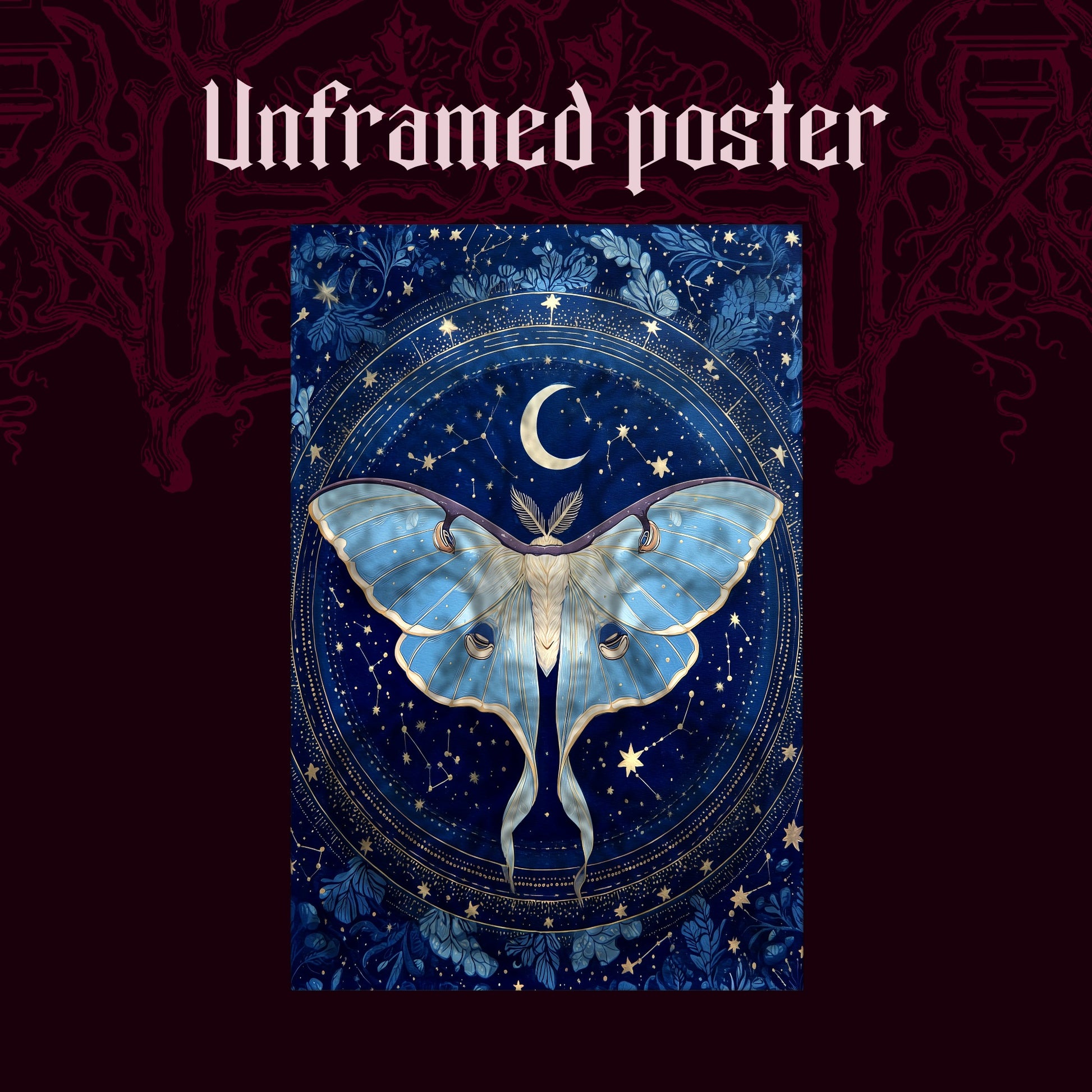 The Blue Hour shown as an unframed poster print of the cobalt and gold moth astrolabe on a dark red patterned background, labelled Unframed Poster to show the print-only option.