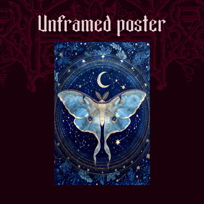 The Blue Hour shown as an unframed poster print of the cobalt and gold moth astrolabe on a dark red patterned background, labelled Unframed Poster to show the print-only option.