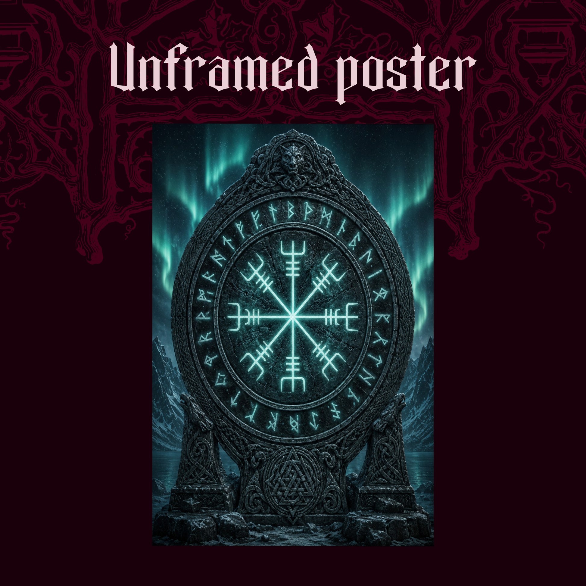 Vegvísir shown as an unframed poster print of the glowing stave monument on a dark red patterned background, labelled Unframed Poster to show the print-only option.