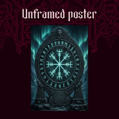 Vegvísir shown as an unframed poster print of the glowing stave monument on a dark red patterned background, labelled Unframed Poster to show the print-only option.