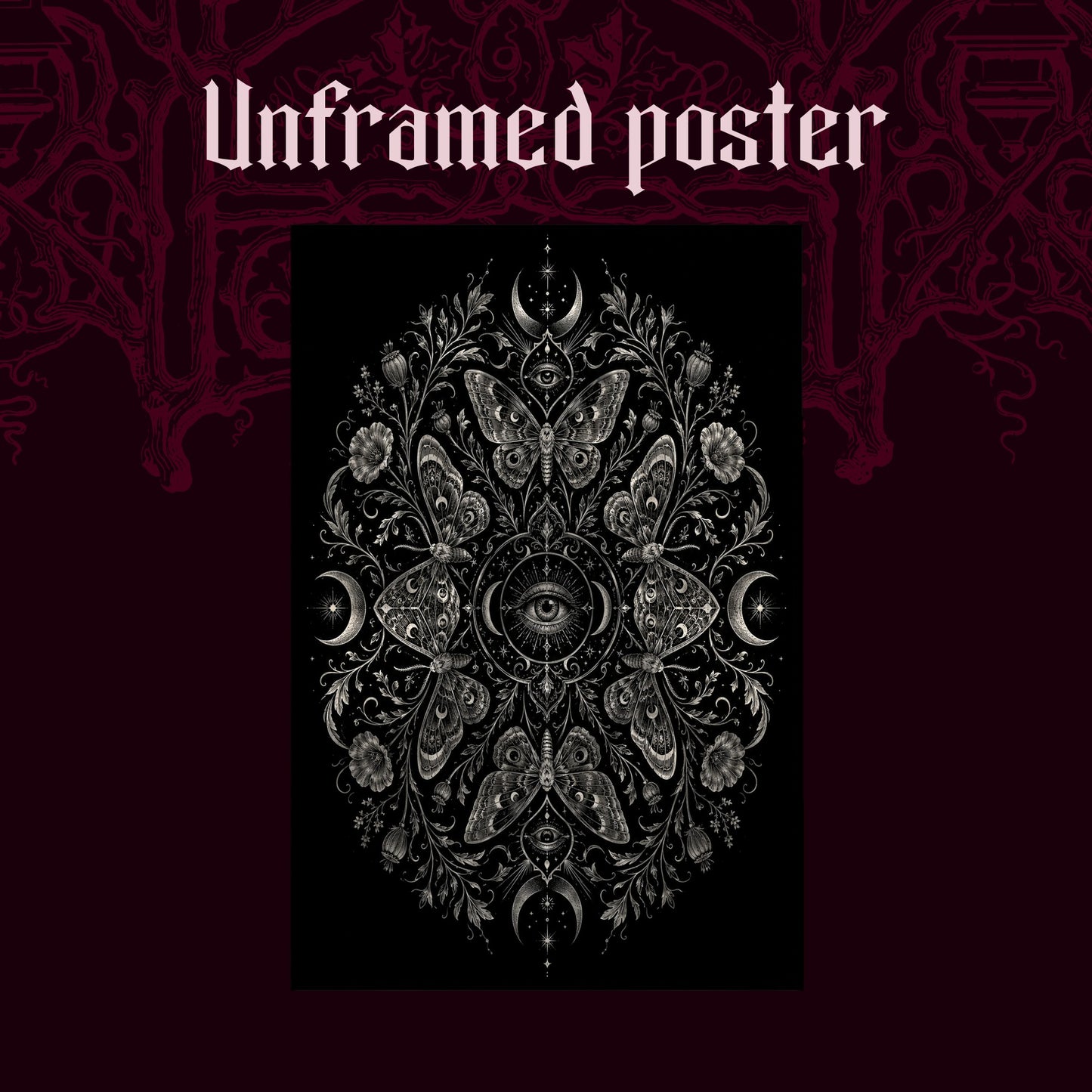 Argus shown as an unframed poster print of the silver eye and moth mandala on a dark red patterned background, labelled Unframed Poster to show the print-only option.
