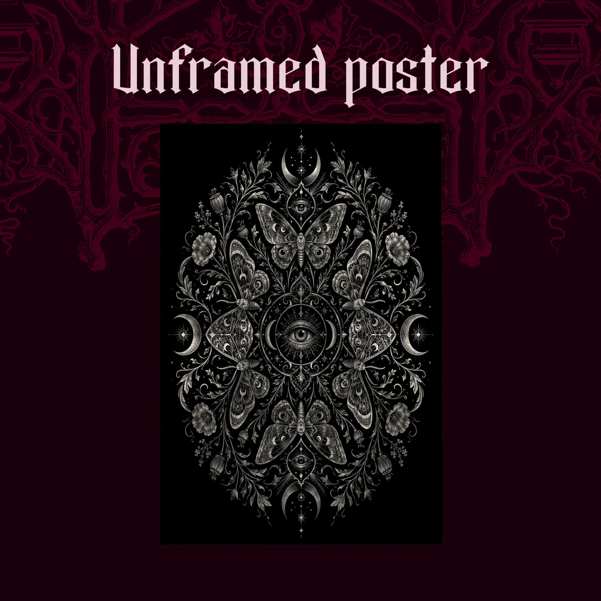 Argus shown as an unframed poster print of the silver eye and moth mandala on a dark red patterned background, labelled Unframed Poster to show the print-only option.