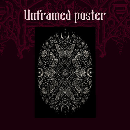 Argus shown as an unframed poster print of the silver eye and moth mandala on a dark red patterned background, labelled Unframed Poster to show the print-only option.