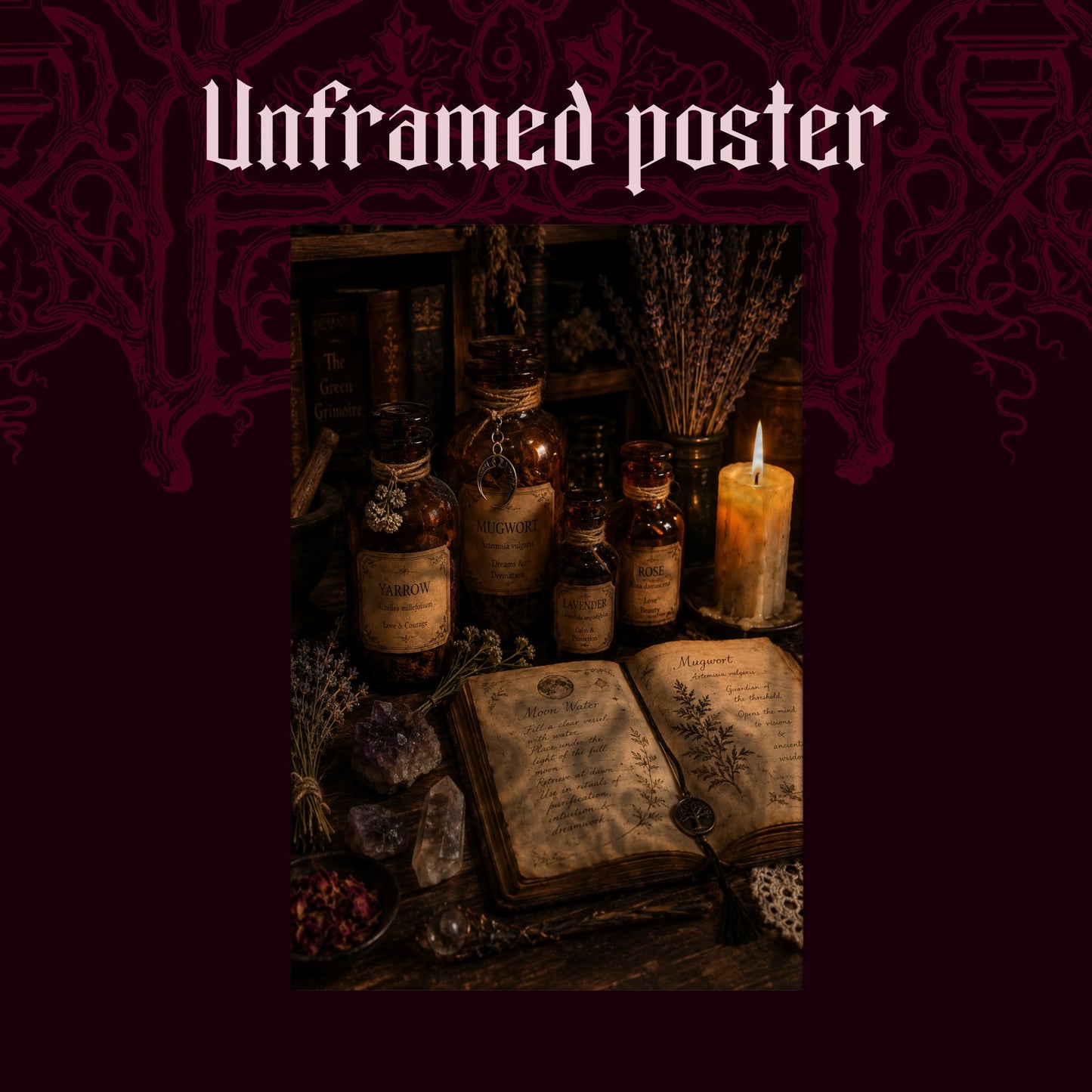 The Still Room shown as an unframed poster print of the candlelit apothecary scene on a dark red patterned background, labelled Unframed Poster to show the print-only option.