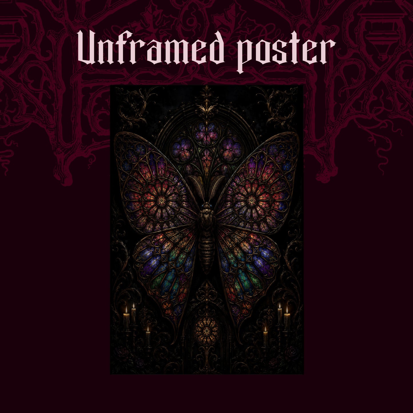 Vitrarium shown as an unframed poster print of the leaded-glass moth on a dark red patterned background, labelled Unframed Poster to show the print-only option.