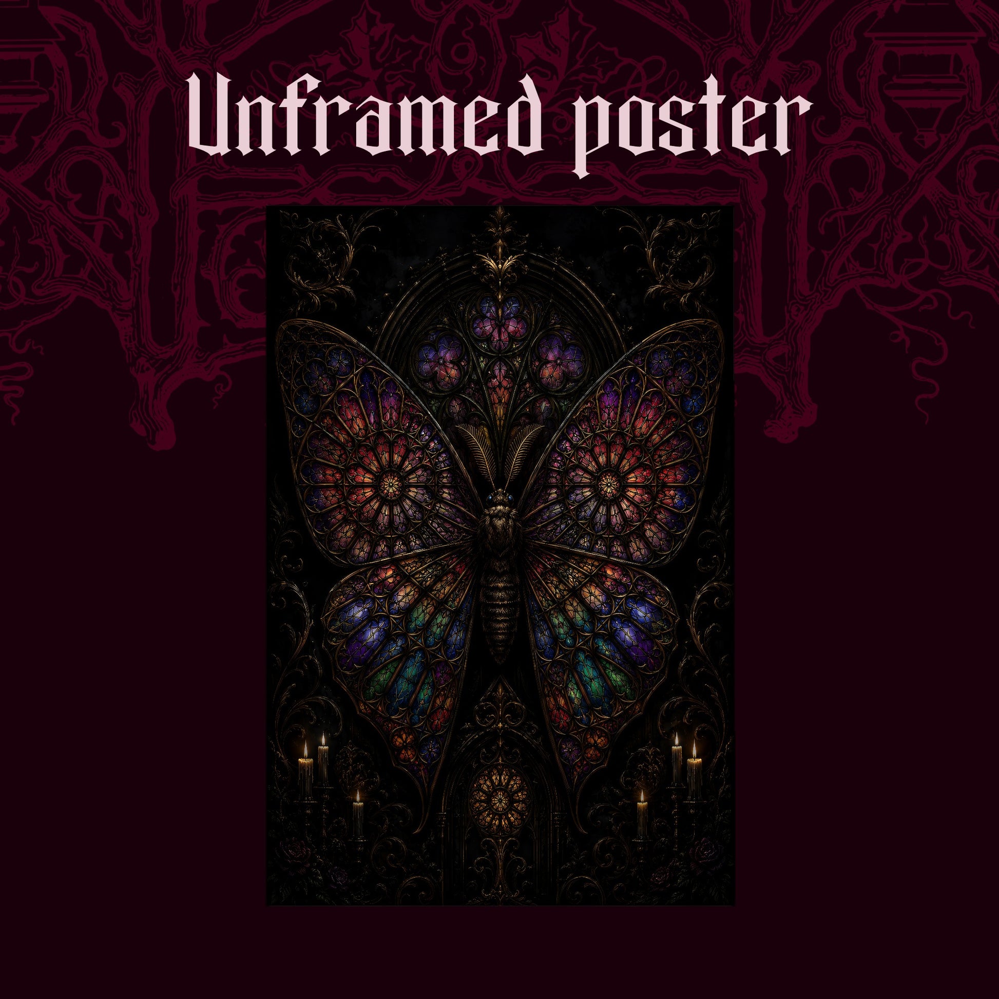 Vitrarium shown as an unframed poster print of the leaded-glass moth on a dark red patterned background, labelled Unframed Poster to show the print-only option.