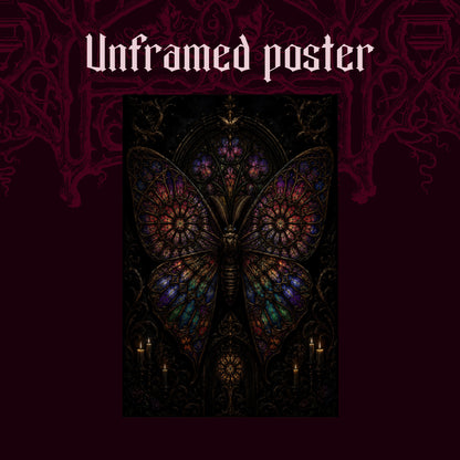 Vitrarium shown as an unframed poster print of the leaded-glass moth on a dark red patterned background, labelled Unframed Poster to show the print-only option.