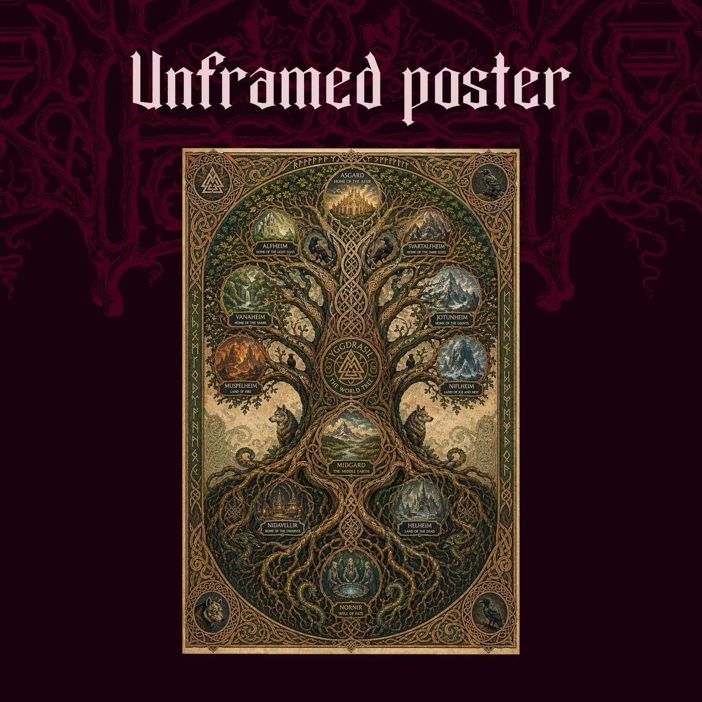 The Nine Realms shown as an unframed poster print of the labelled world tree chart on a dark red patterned background, labelled Unframed Poster to show the print-only option.