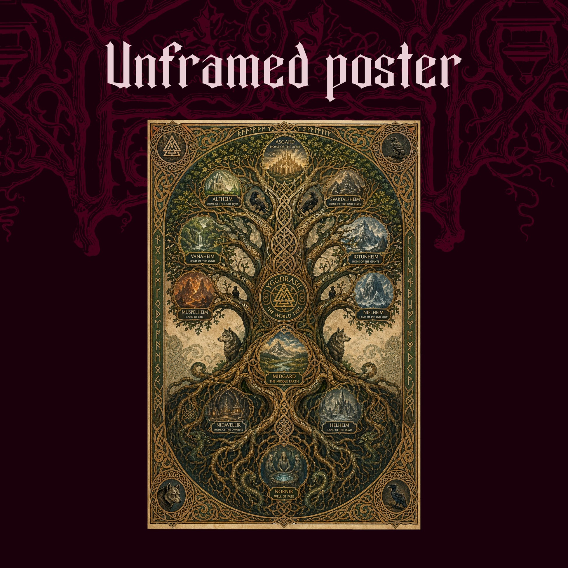 The Nine Realms shown as an unframed poster print of the labelled world tree chart on a dark red patterned background, labelled Unframed Poster to show the print-only option.