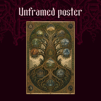 The Nine Realms shown as an unframed poster print of the labelled world tree chart on a dark red patterned background, labelled Unframed Poster to show the print-only option.