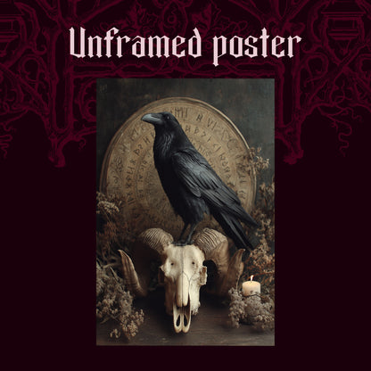 Hrafn shown as an unframed poster print of the raven and ram skull still life on a dark red patterned background, labelled Unframed Poster to show the print-only option.