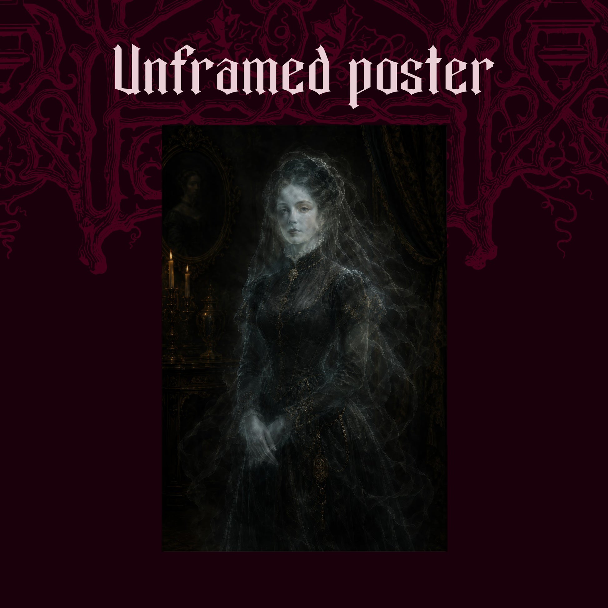The Grey Lady shown as an unframed poster print of the translucent Victorian ghost on a dark red patterned background, labelled Unframed Poster to show the print-only option.
