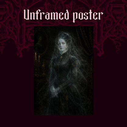 The Grey Lady shown as an unframed poster print of the translucent Victorian ghost on a dark red patterned background, labelled Unframed Poster to show the print-only option.
