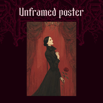 The Countess shown as an unframed poster print of the crimson profile portrait on a dark red patterned background, labelled Unframed Poster to show the print-only option.