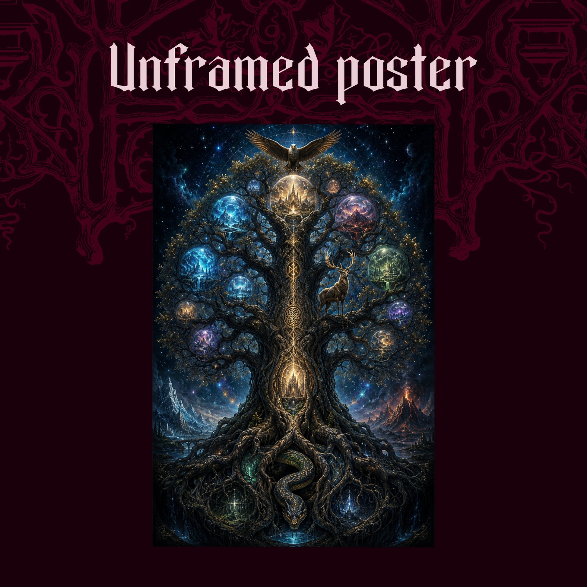 Yggdrasil shown as an unframed poster print of the cosmic world tree on a dark red patterned background, labelled Unframed Poster to show the print-only option.