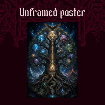 Yggdrasil shown as an unframed poster print of the cosmic world tree on a dark red patterned background, labelled Unframed Poster to show the print-only option.
