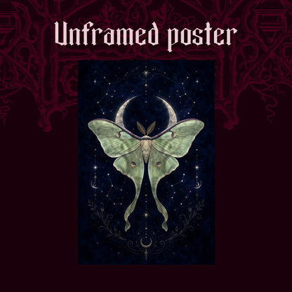 Verdigris shown as an unframed poster print of the sage-green luna moth and crescent moon on a dark red patterned background, labelled Unframed Poster to show the print-only option.