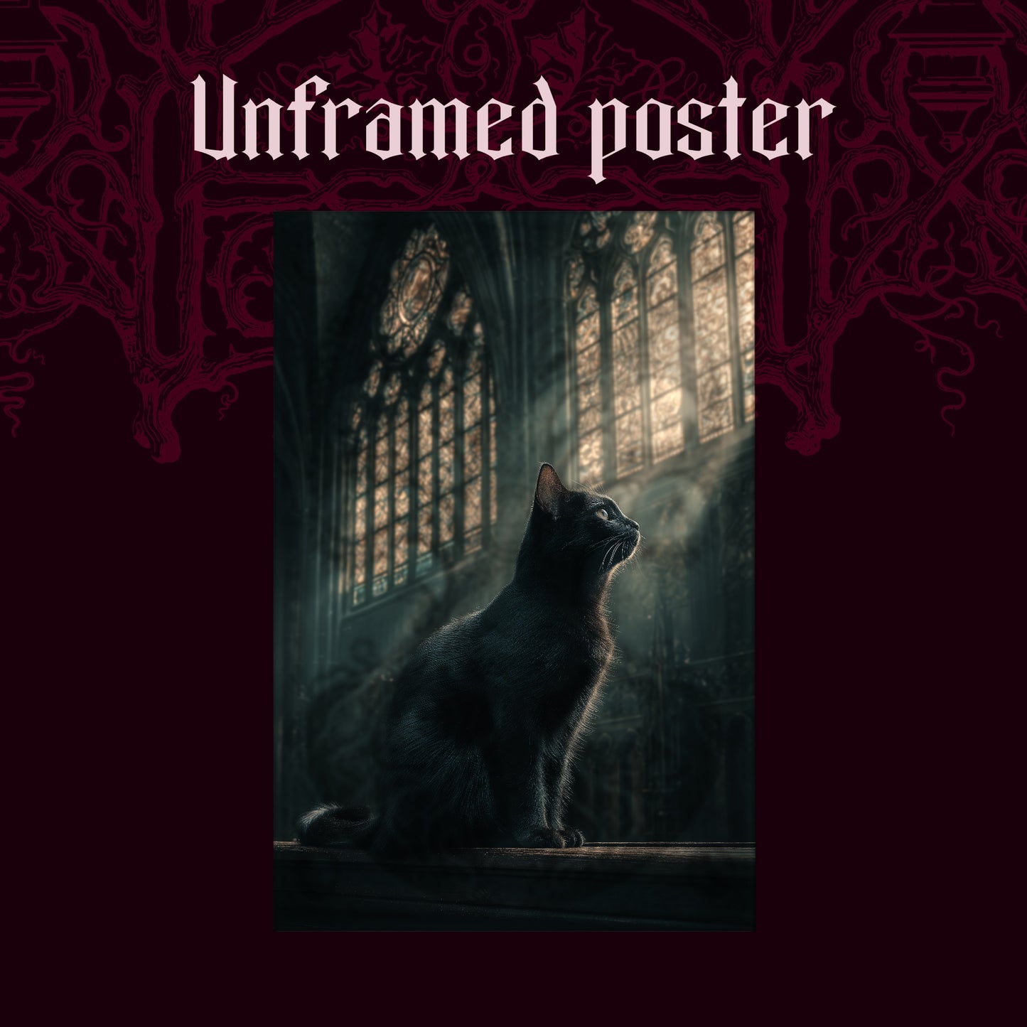 Grimalkin shown as an unframed poster print of the rimlit cathedral cat on a dark red patterned background, labelled Unframed Poster to show the print-only option.