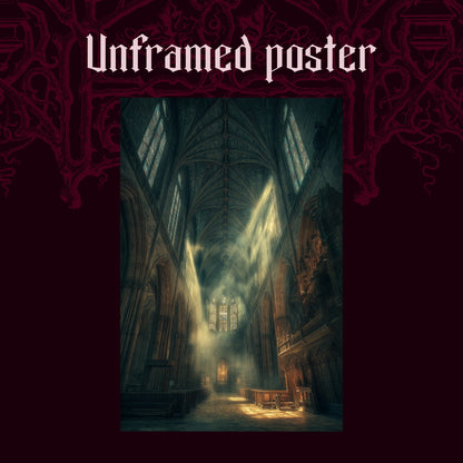 Compline shown as an unframed poster print of the shadowed teal cathedral nave on a dark red patterned background, labelled Unframed Poster to show the print-only option.