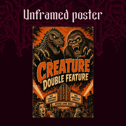 Marquee Mayhem shown as an unframed poster print of the roaring kaiju, ape and glowing TERROR marquee on a dark red patterned background, labelled Unframed Poster to show the print-only option.