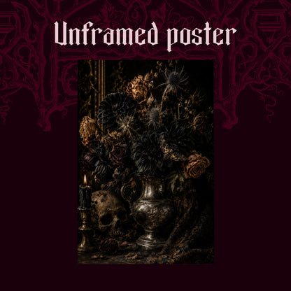 Threnody shown as an unframed poster print of the dried bouquet and skull on a dark red patterned background, labelled Unframed Poster to show the print-only option.