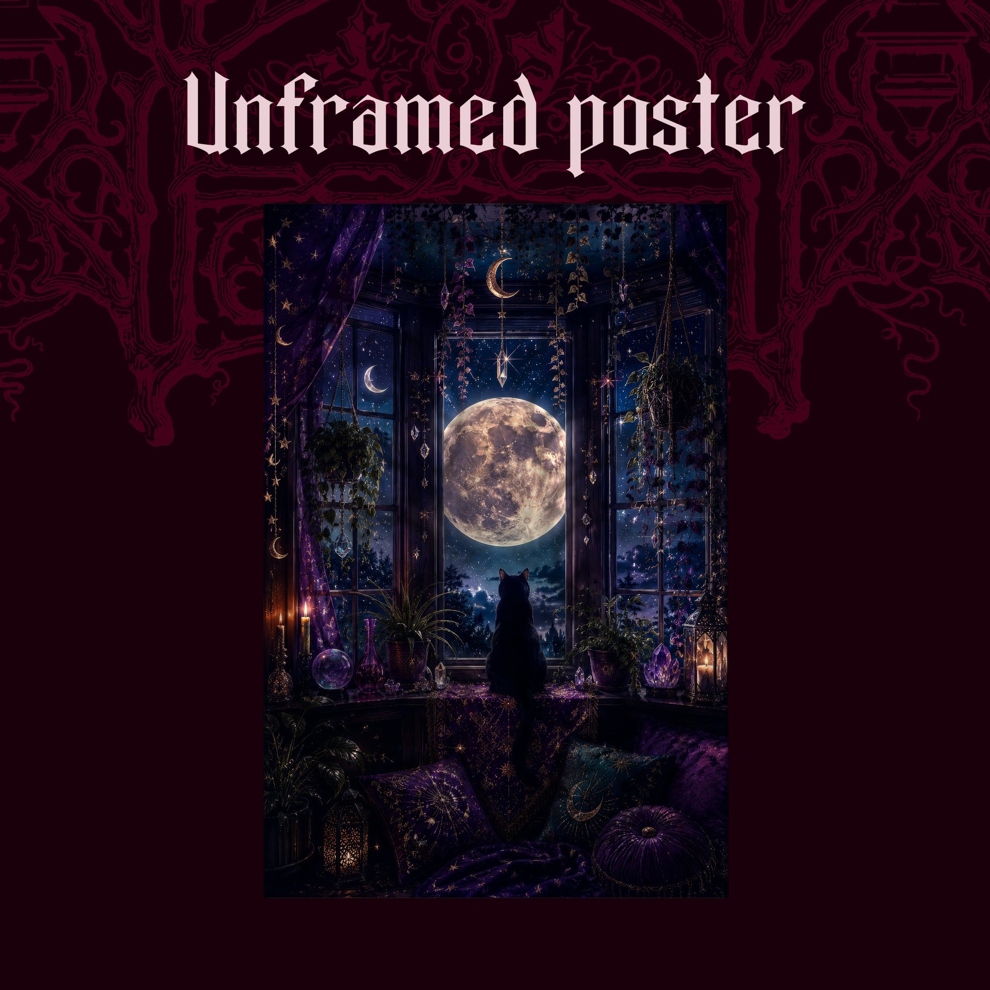 Witch's Window shown as an unframed poster print of the moonlit bay window and black cat on a dark red patterned background, labelled Unframed Poster to show the print-only option.