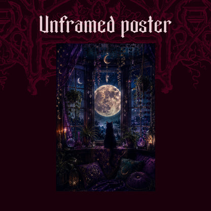 Witch's Window shown as an unframed poster print of the moonlit bay window and black cat on a dark red patterned background, labelled Unframed Poster to show the print-only option.
