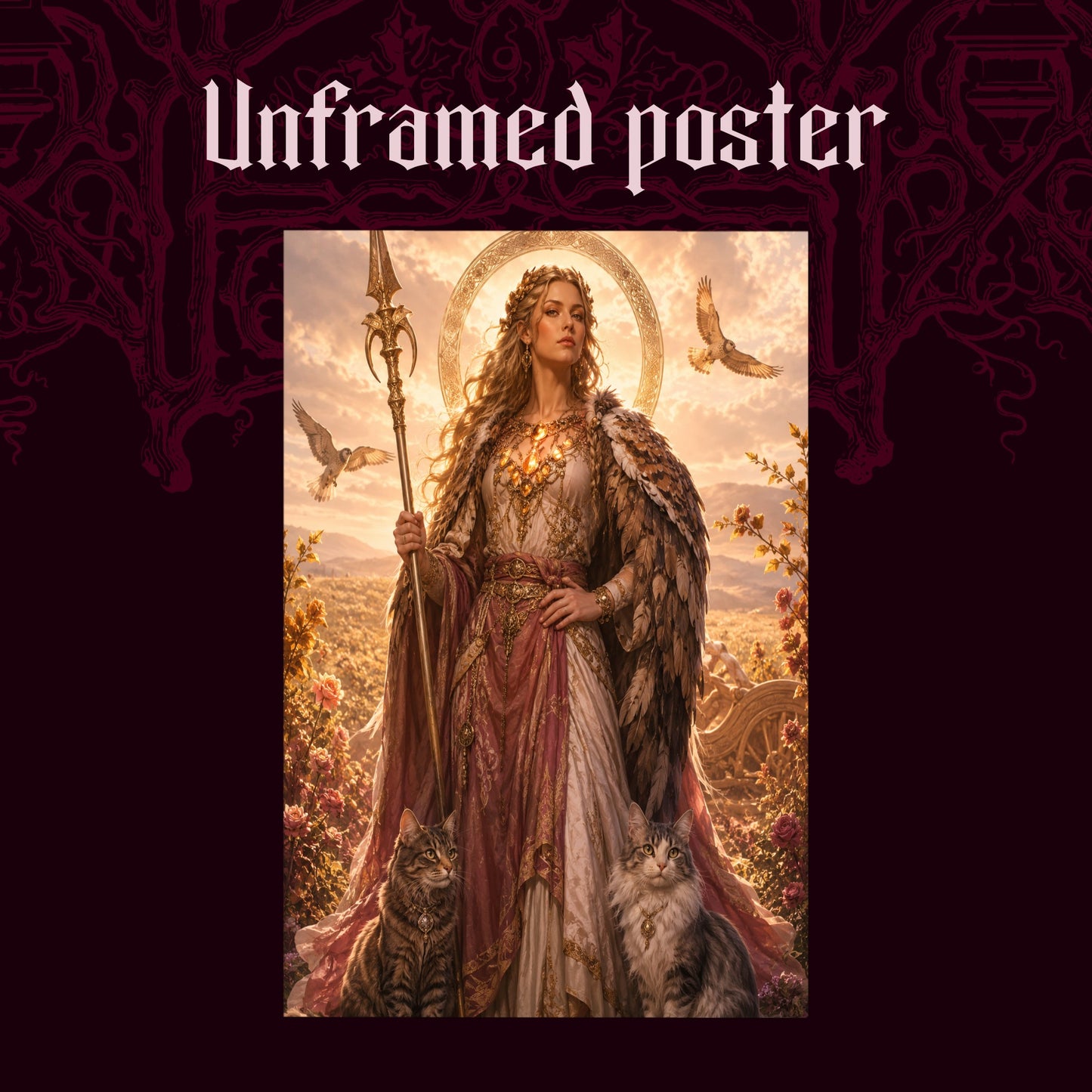 Freya shown as an unframed poster print of the goddess and her cats on a dark red patterned background, labelled Unframed Poster to show the print-only option.