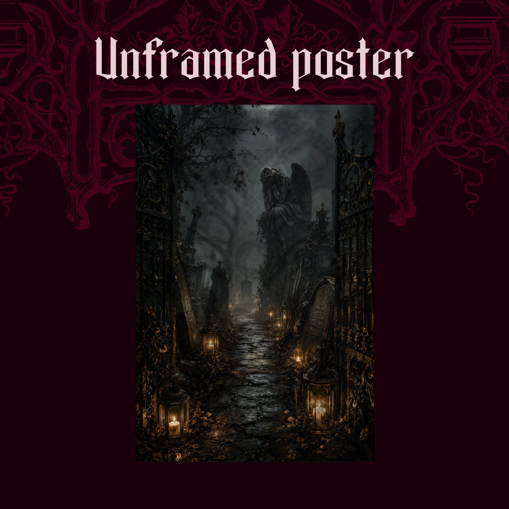 The Lychgate shown as an unframed poster print of the lantern-lit graveyard on a dark red patterned background, labelled Unframed Poster to show the print-only option.