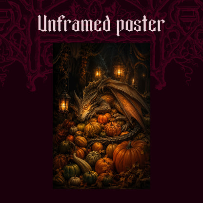 The Pumpkin Den shown as an unframed poster print of the sleeping dragon and its pumpkin pile on a dark red patterned background, labelled Unframed Poster to show the print-only option.