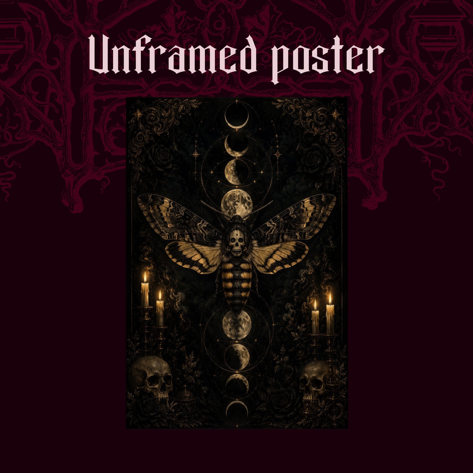 Acherontia shown as an unframed poster print of the gold death moth and moon column on a dark red patterned background, labelled Unframed Poster to show the print-only option.