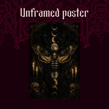 Acherontia shown as an unframed poster print of the gold death moth and moon column on a dark red patterned background, labelled Unframed Poster to show the print-only option.