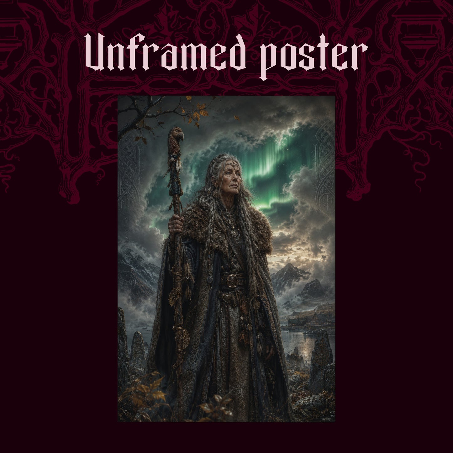 Spákona shown as an unframed poster print of the elder seeress and standing stones on a dark red patterned background, labelled Unframed Poster to show the print-only option.